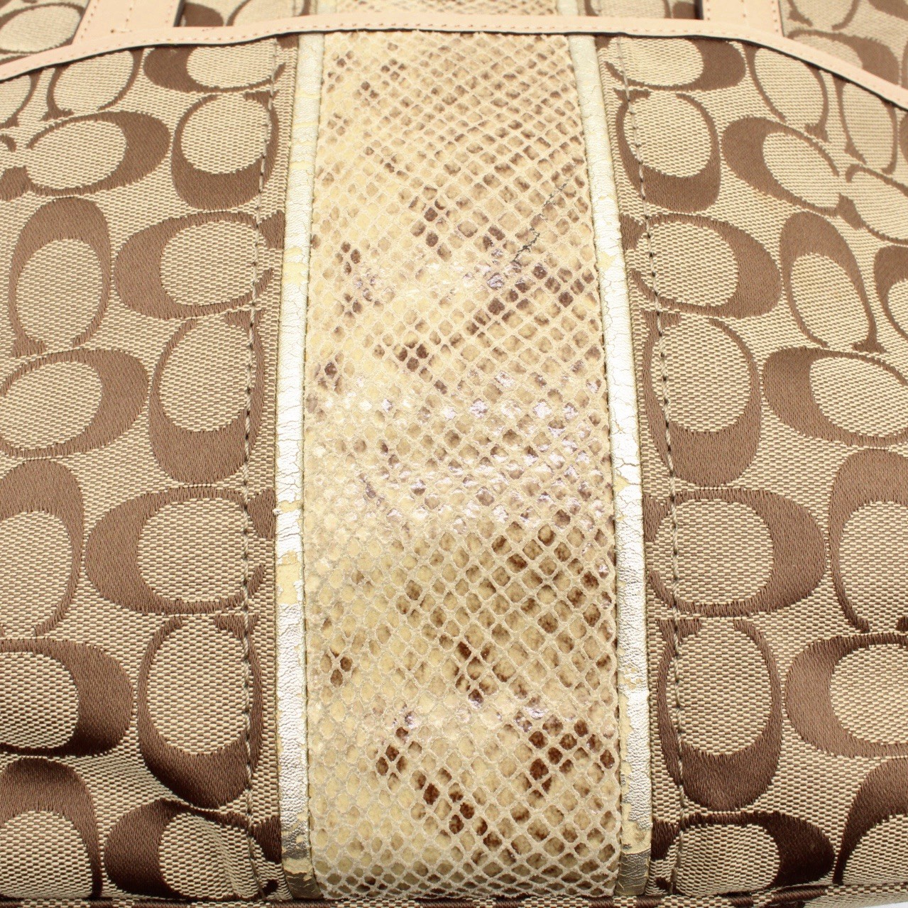 COACH Signature Canvas Leather Tote Bag Beige Brown Snakeskin Embossed Silver