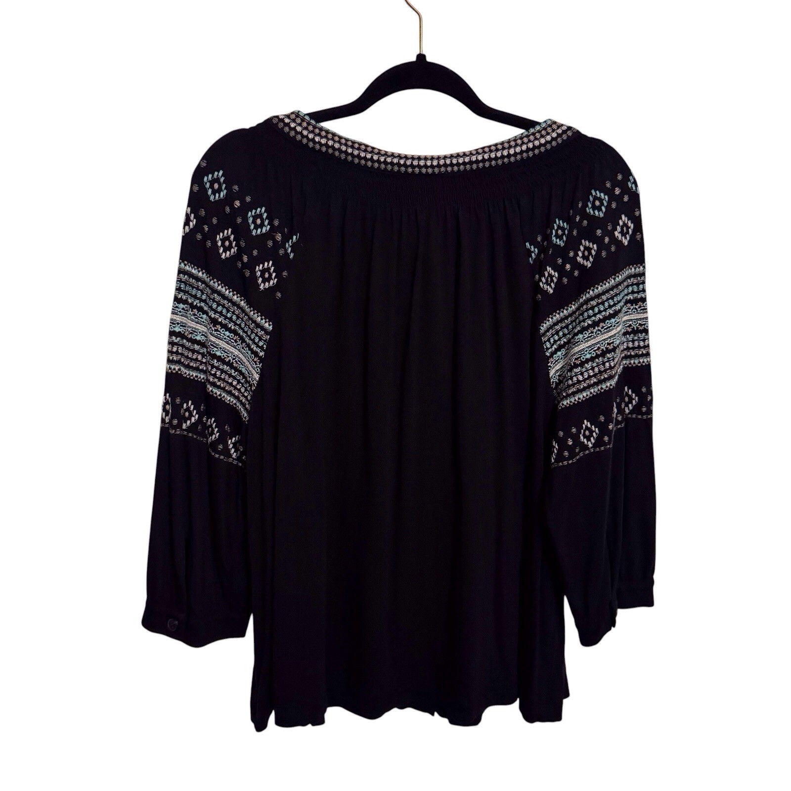 J. Jill Large Petite Black Embroidered Button Up Top Boho Beach Long Sleeve