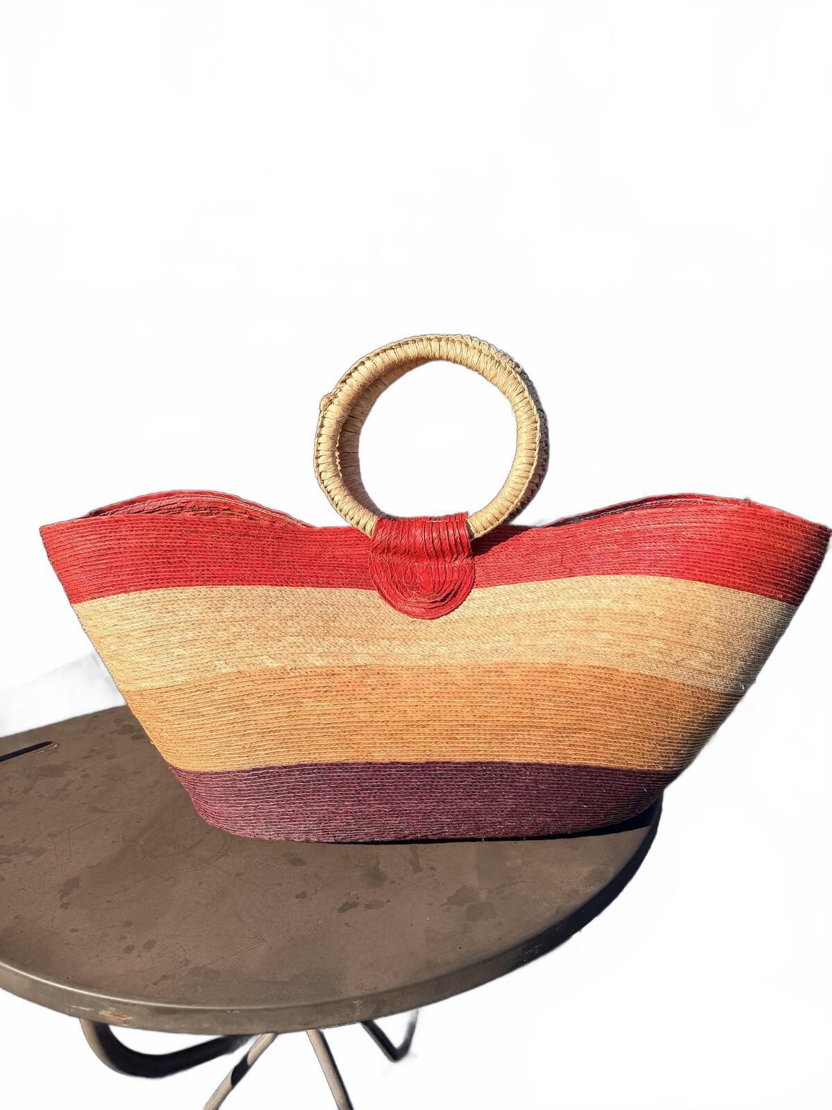 Oversized Striped Straw Tote Beach Bag Raffia Ring Handle