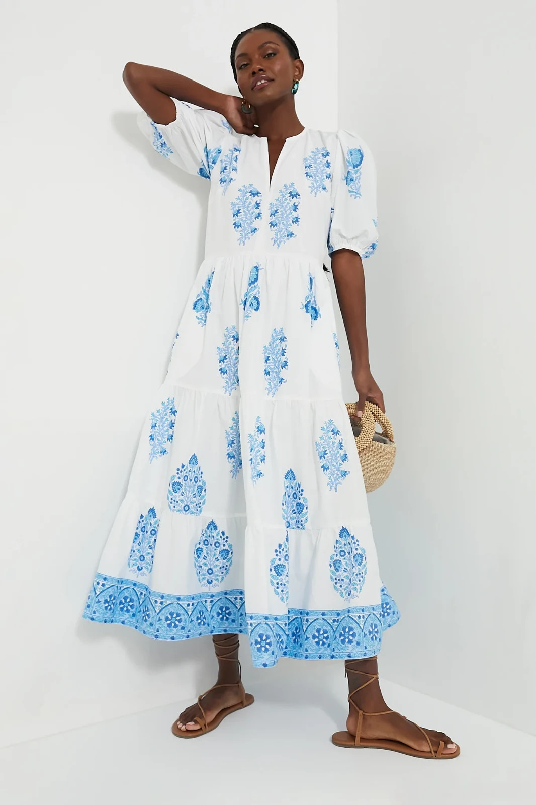 NWT Oliphant Puff Sleeve Maxi in Laguna Blue Floral Cotton Dress L $328