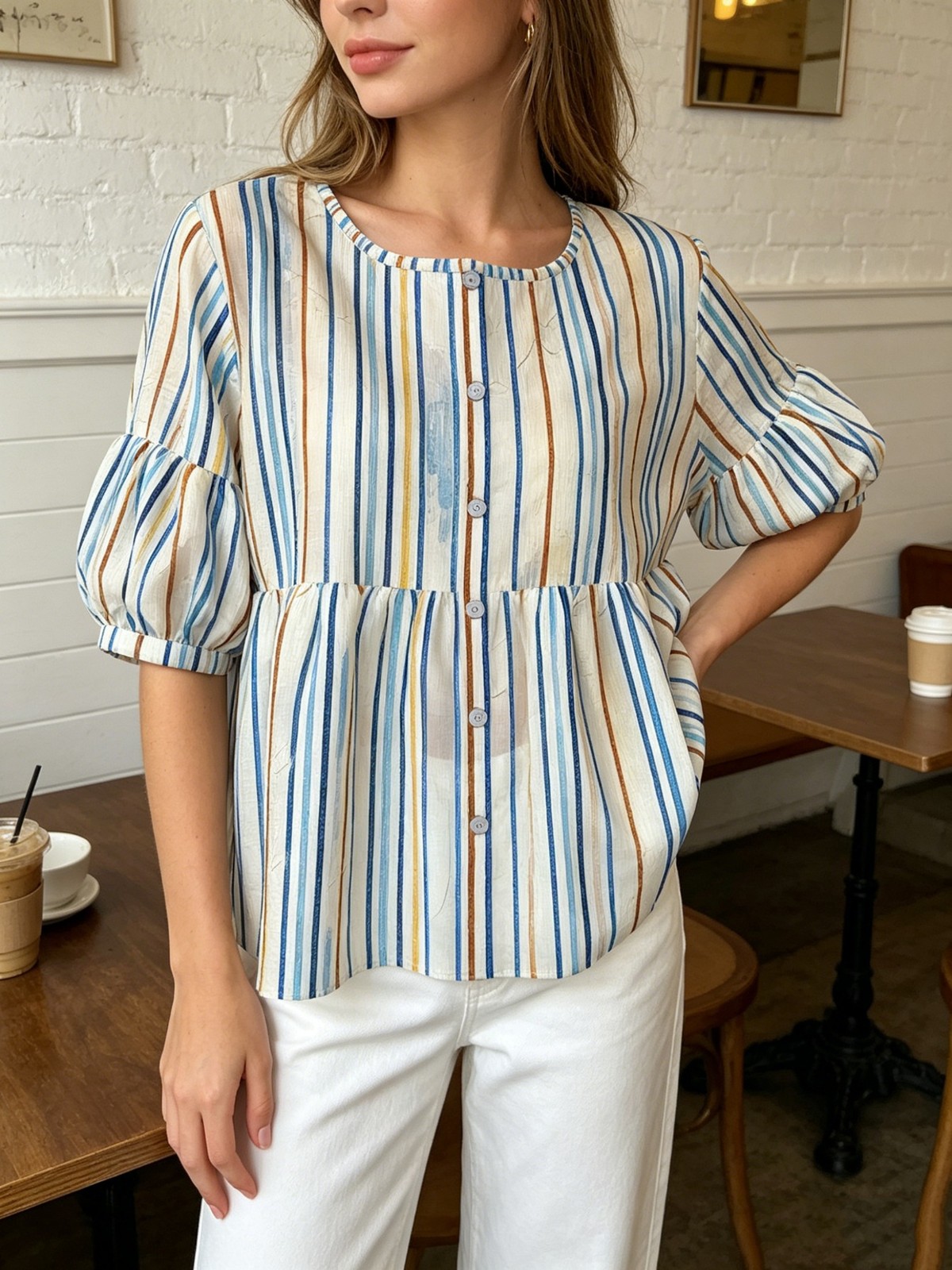 Breathable Comfort Womens Crew Neck Button Shirt Short Puff Sleeve Summer Blouse