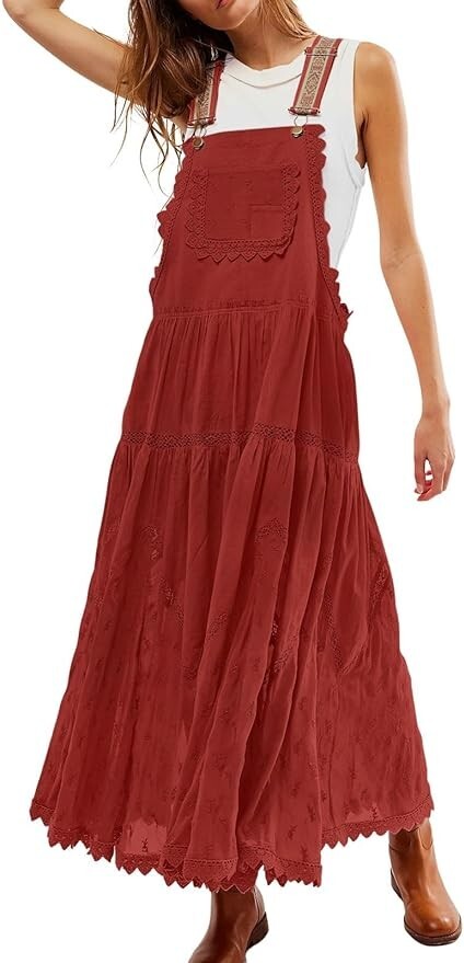 Women’s Laced Embroidered Tulle Bib Dress Casual Loose Adjustable Straps Maxi