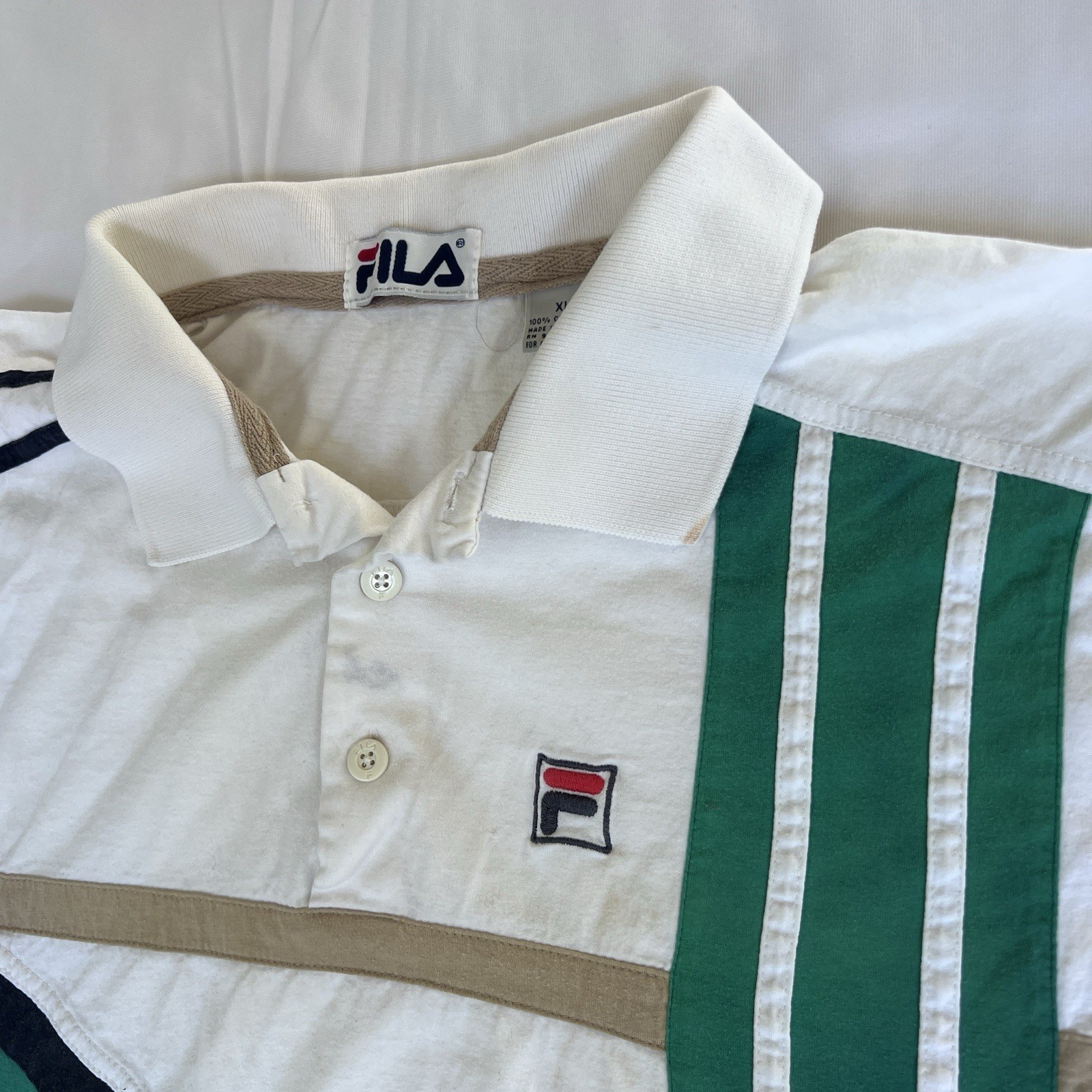 Vtg 90’s FILA Shirt XL White Tennis Polo Asymmetrical Striped US French 3066