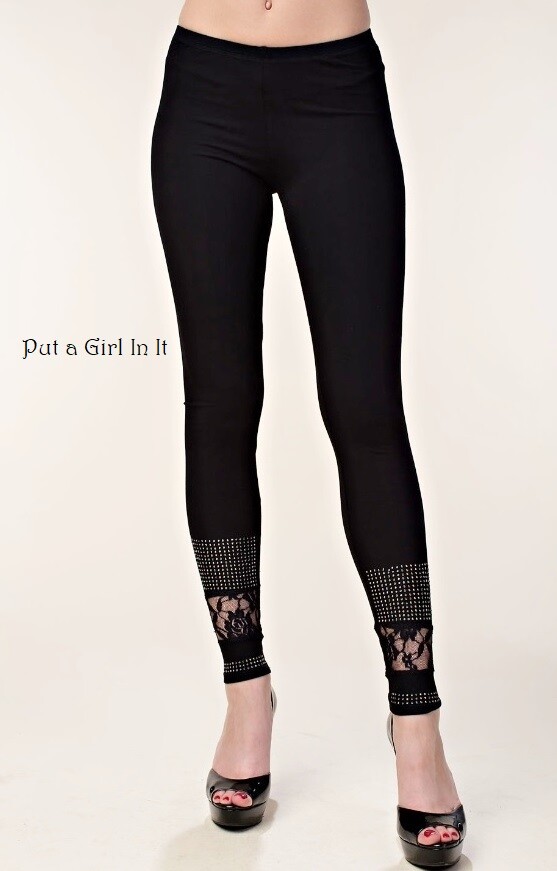 USA New VOCAL Womens CRYSTAL BLING BLACK STONE LACE LEGGINGS S M L XL 1X 2X 3X