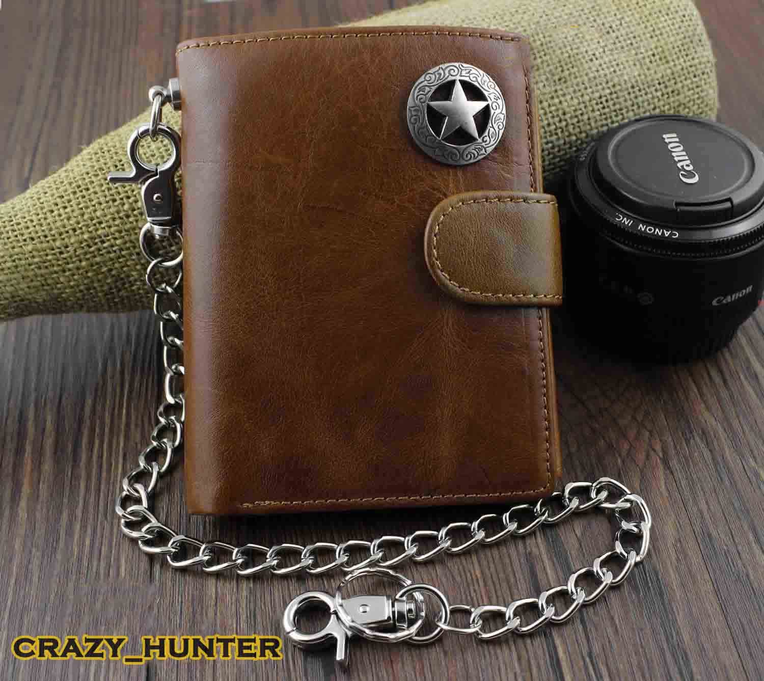Men’s Genuine Leather Biker Texas Star Zipper Card /Money Chain wallet Purse