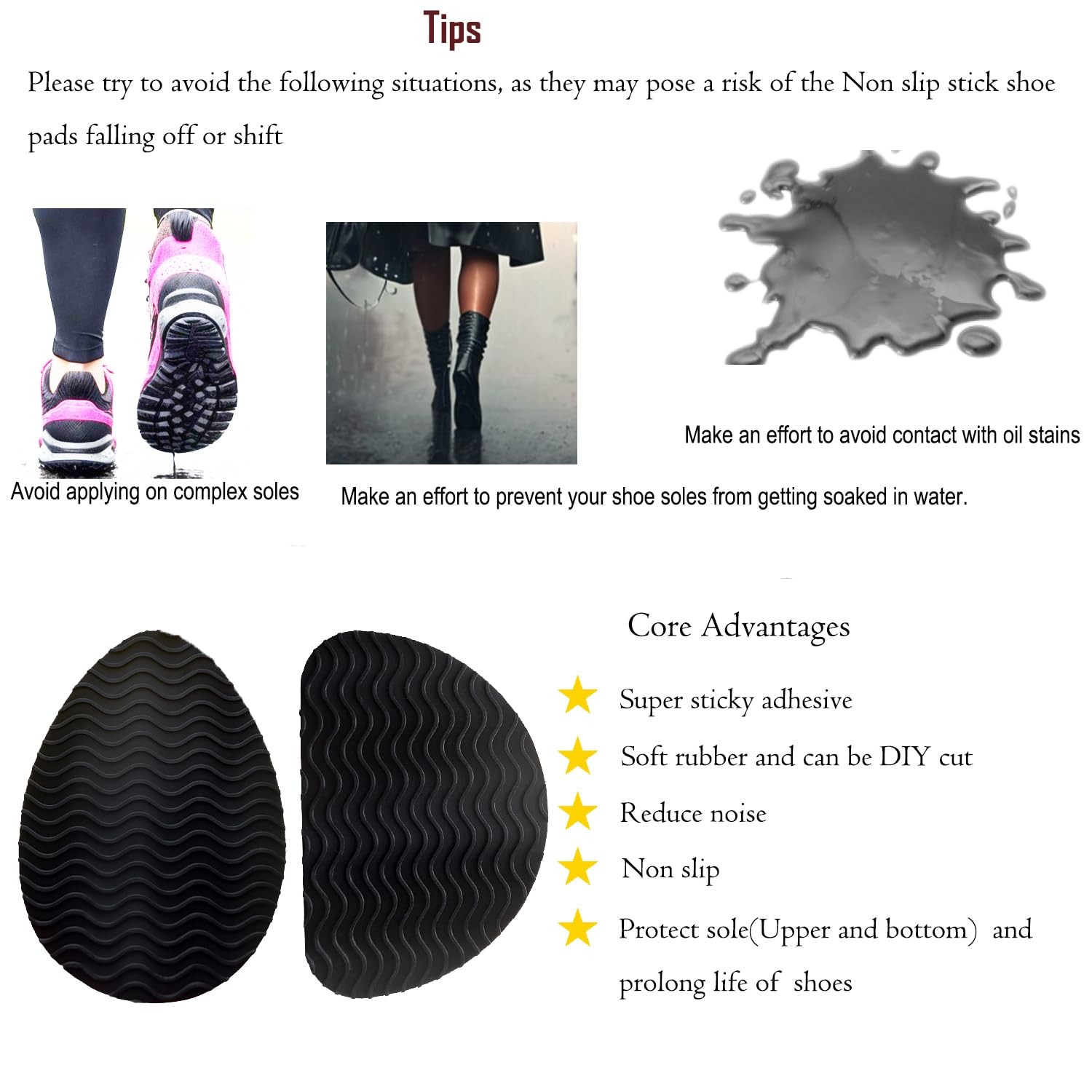 Non-Slip Shoe Pads,Adhesive Grips, Sole 3.6″*2.5″*0.04″, Black