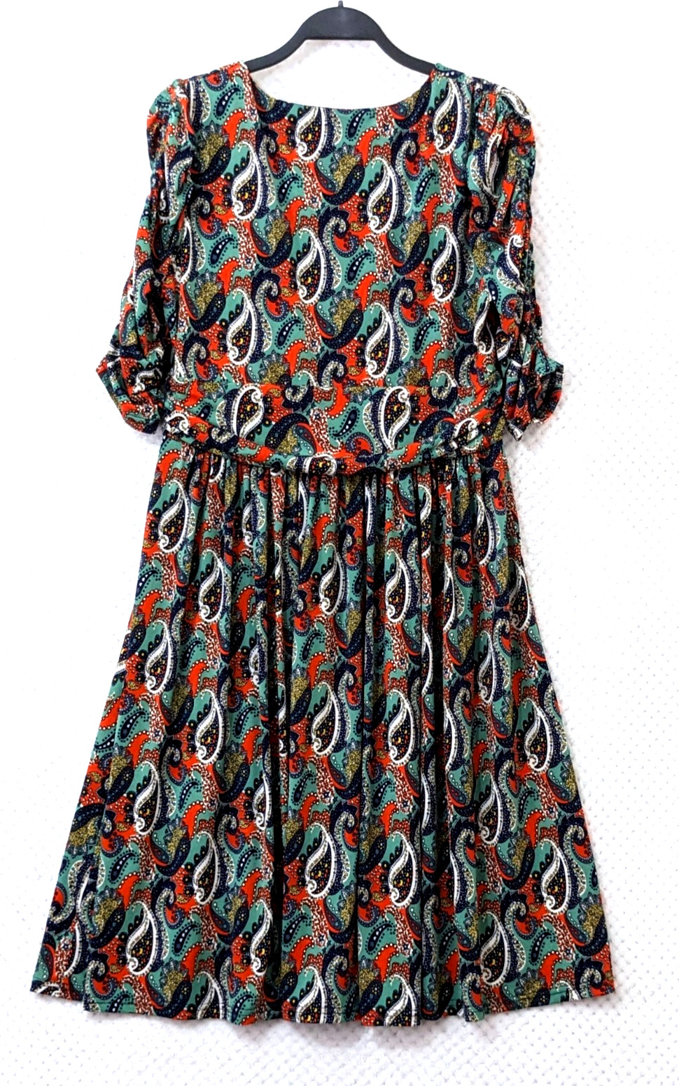 JOLIE MOI Green Multi Paisley Fit Flare Midi Dress UK 16 Ruched Sleeve Occasion