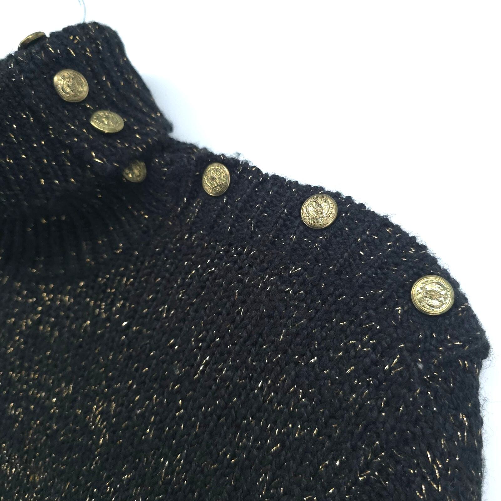 Vintage Toi Turtleneck Thick Ribbed Black & Gold Metallic Sweater Gold Buttons L