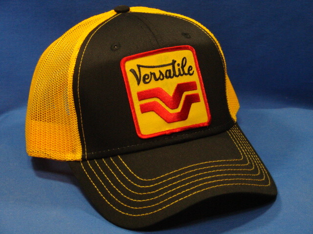 Versatile Tractor Hat – Black With Gold Mesh – Square Logo – Snapback – Trucker