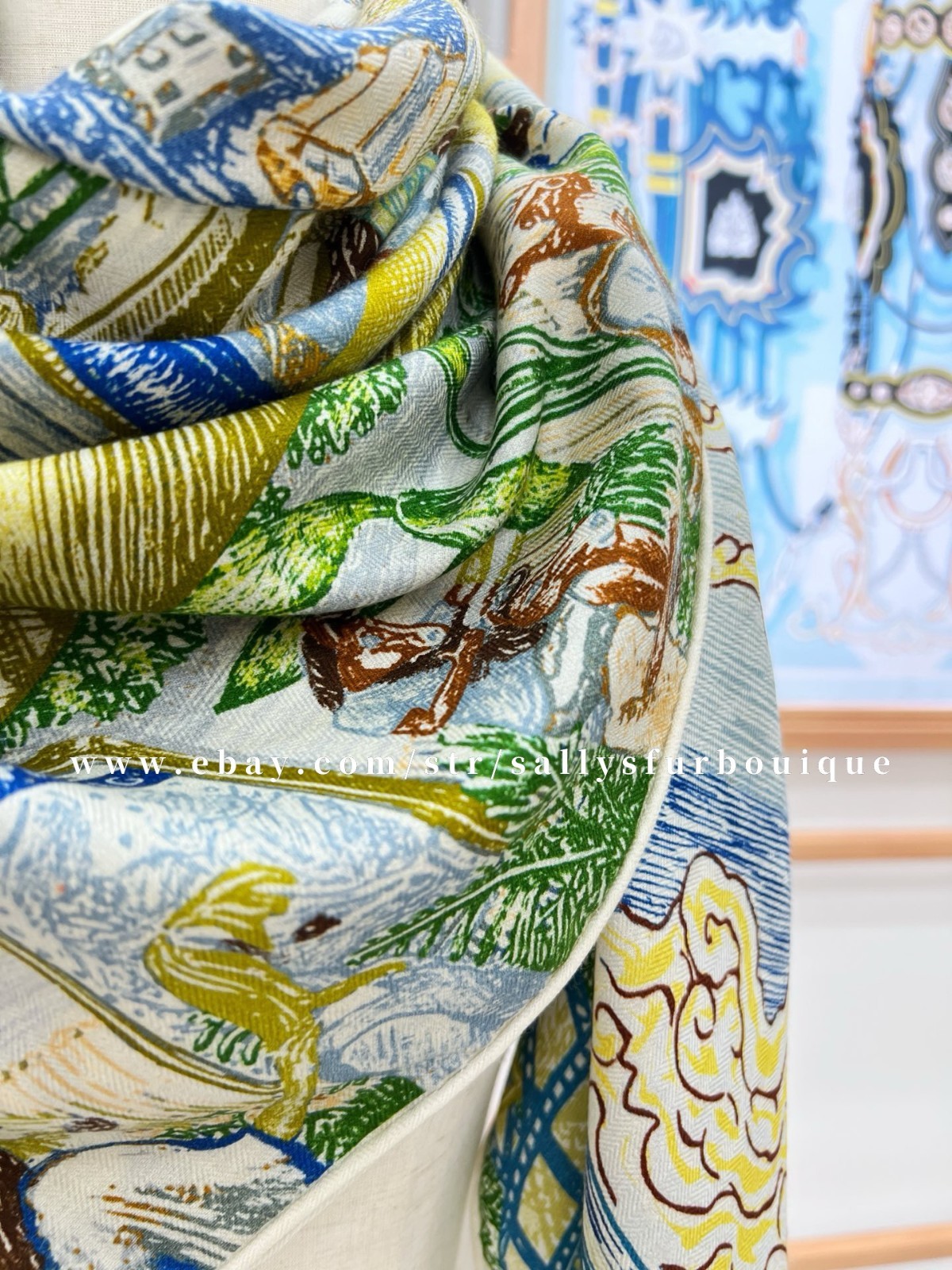 Sallys 70% Cashmere & 30% Silk Wrap Scarf City Print Double Face Shawl 53″ Green