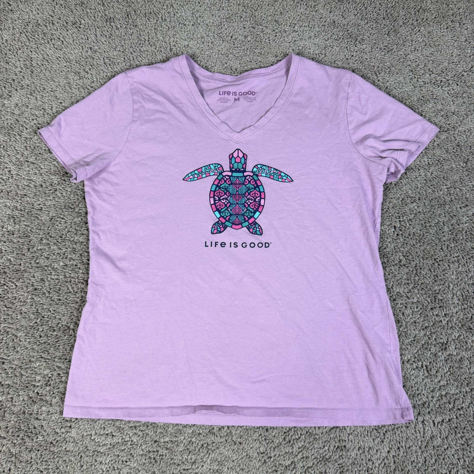 Life Is Good Shirt Womens M Purple V-Neck Short Sleeve Tagless Jersey Casual