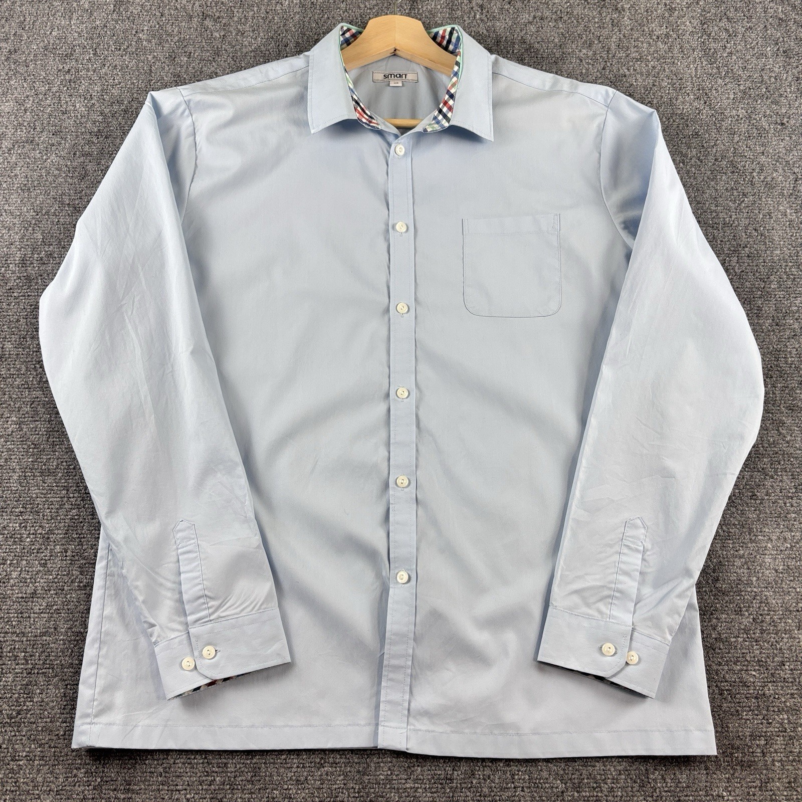 Smart Shirt Mens 110 M L Light Blue Button Down Plaid Trim Collar Korean Cotton