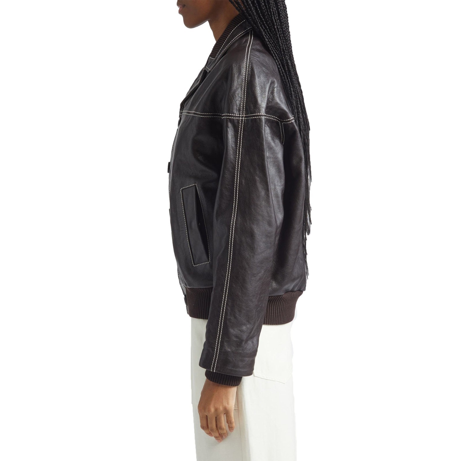 Women’s Real Leather Jacket Dark Brown Button Up Contrast Stitch Biker Coat