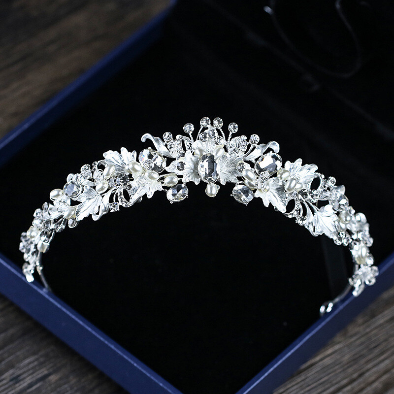 4cm Tall Flower Leaf Crystal Pearl Tiara Crown For Women Wedding Queen Pageant