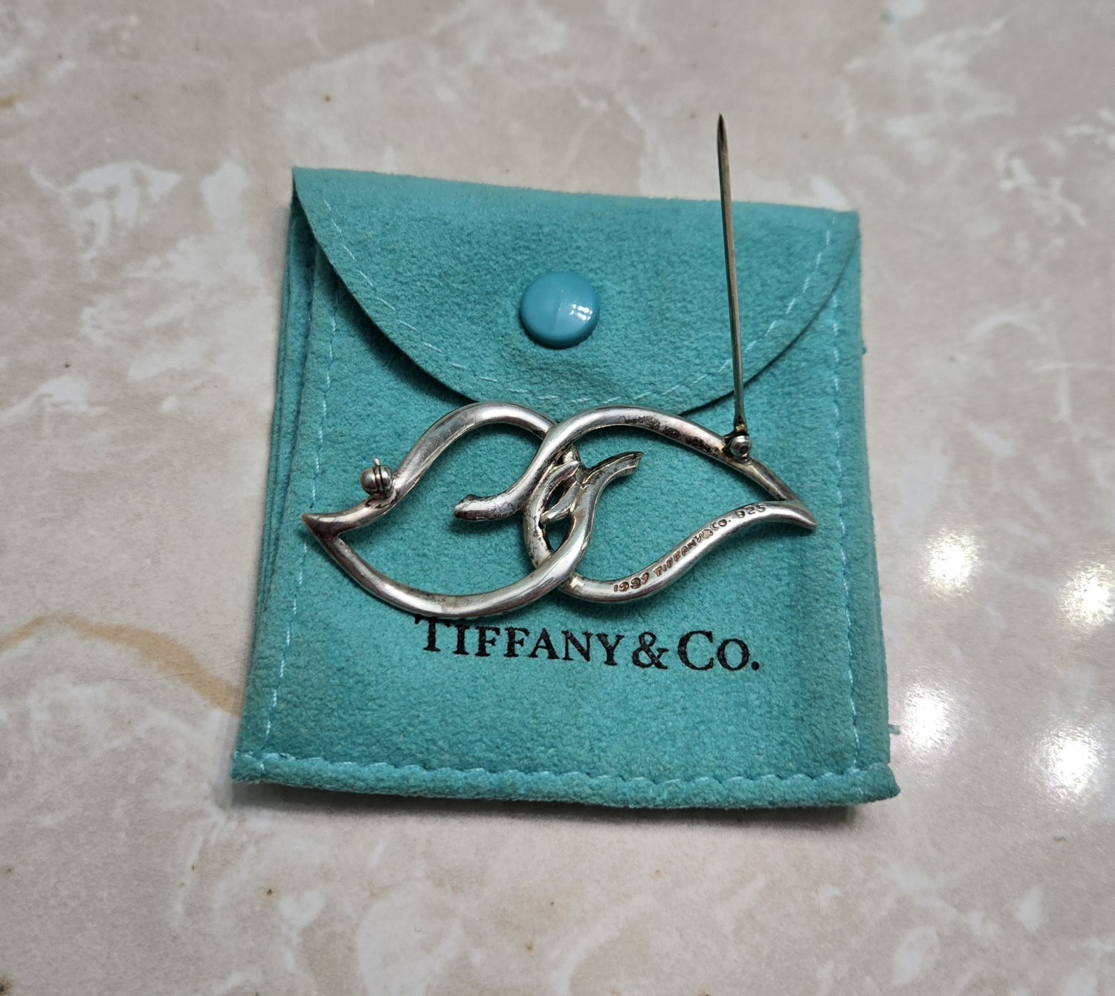 TIFFANY & CO Silver 925 Double Open Leaf Brooch with Pouch