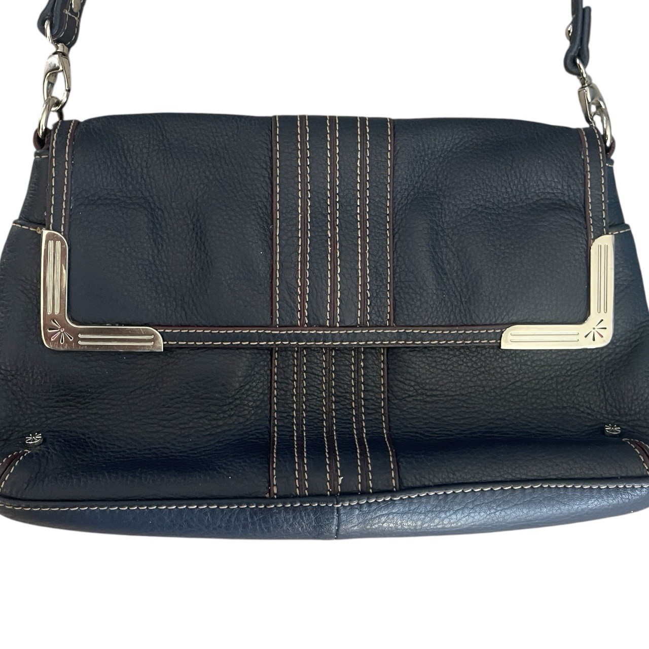 Isaac Mizrahi Navy Leather Shoulder Bag Burgundy Accents Pebble Grain Purse