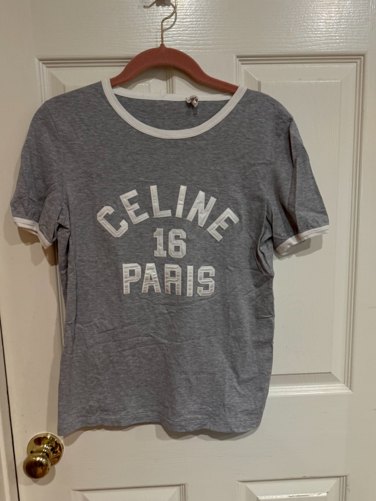 CELINE 16 PARIS 100% COTTON SUPER SOFT LADIES SMALL GRAY WHITE TRIM