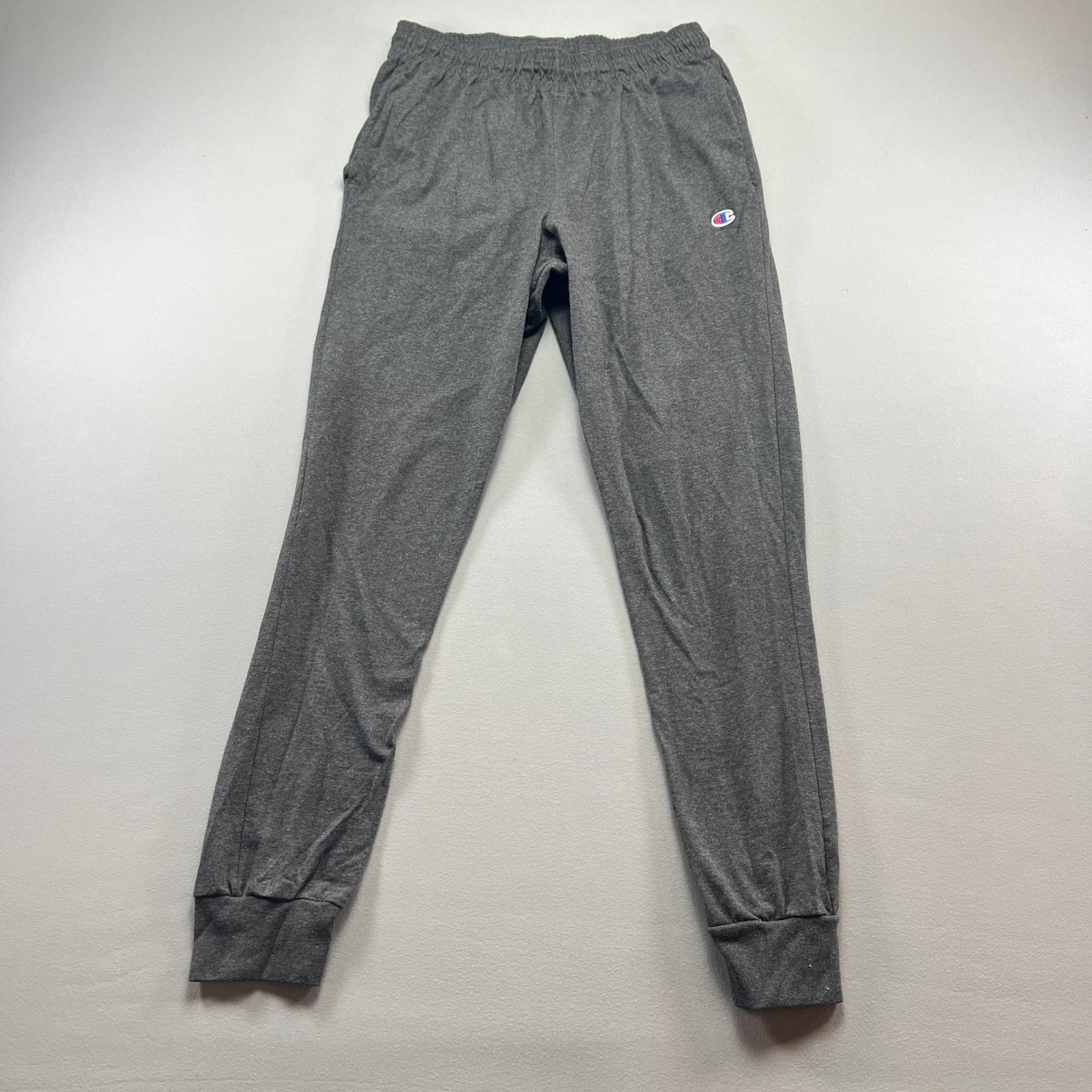 Champion Jersey Jogger Pants Mens Medium Heather Gray Cotton Logo Tapered Leg