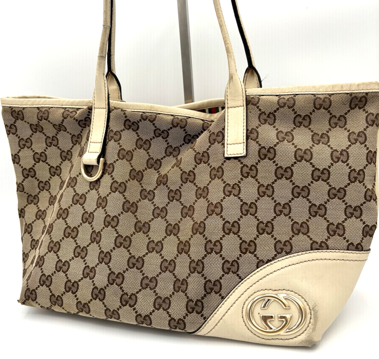 GUCCI GG Logo Abbey Shoulder Bag Canvas Leather Brown Beige Authentic 0058