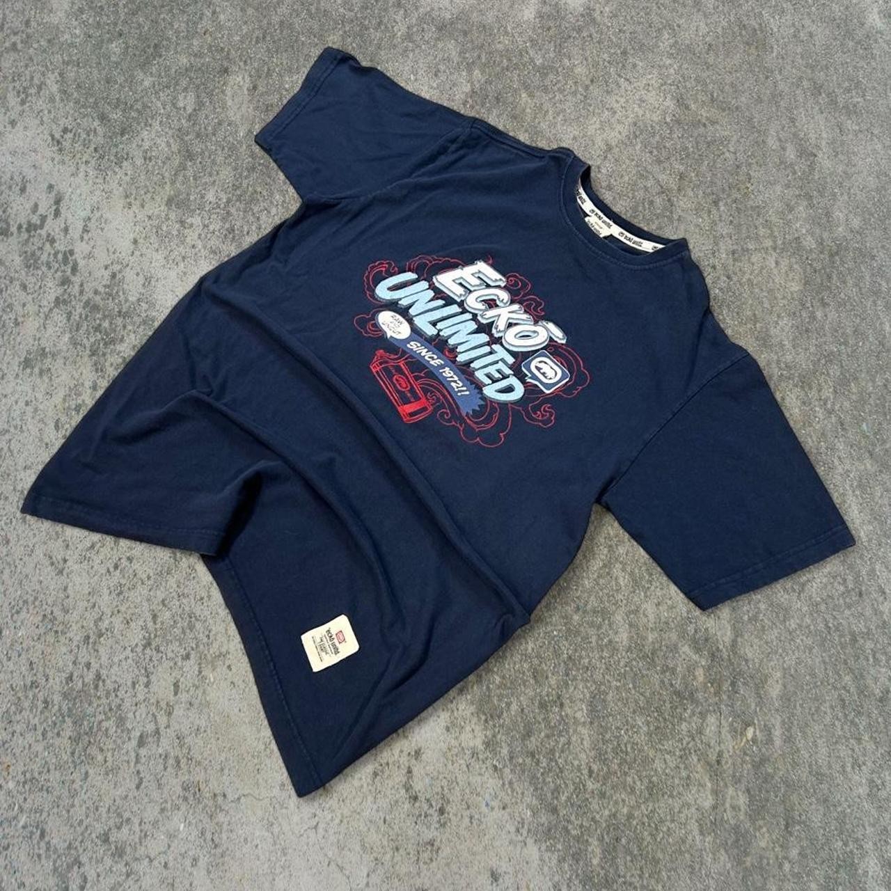 Y2K skate grail Ecko Unltd navy blue tee with textured patchwork on size M