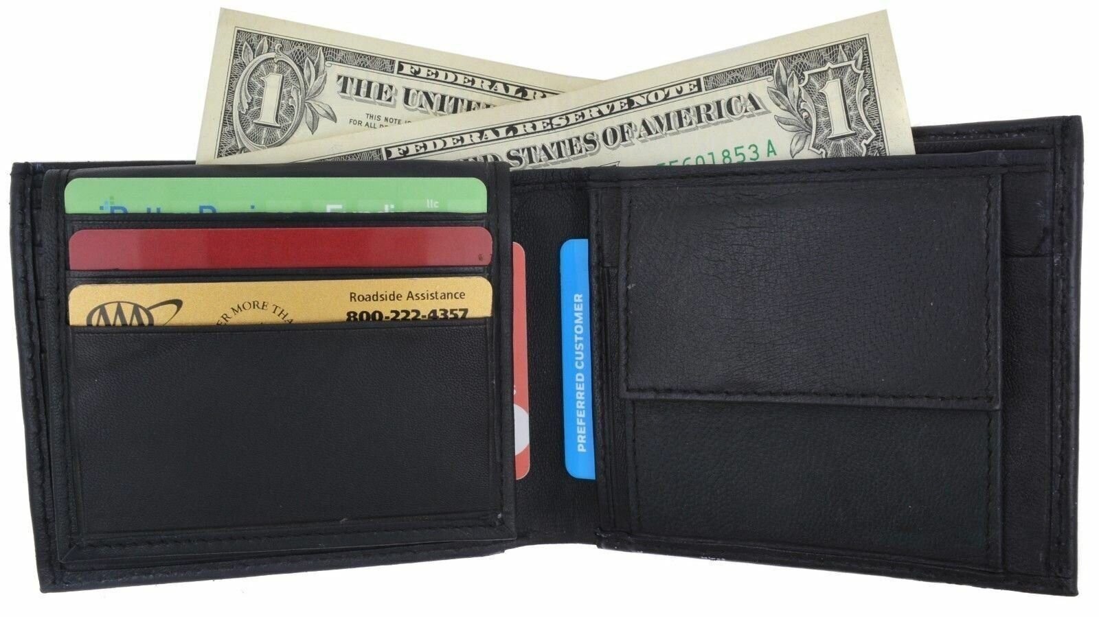 Mens Bifold Genuine Leather Wallet Secure Multi Pocket Zipper Coins Billfold