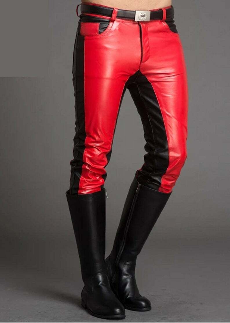 Men’s Real Leather Bikers 5 Pockets Pants Leather Jeans Pants Bikers Pants