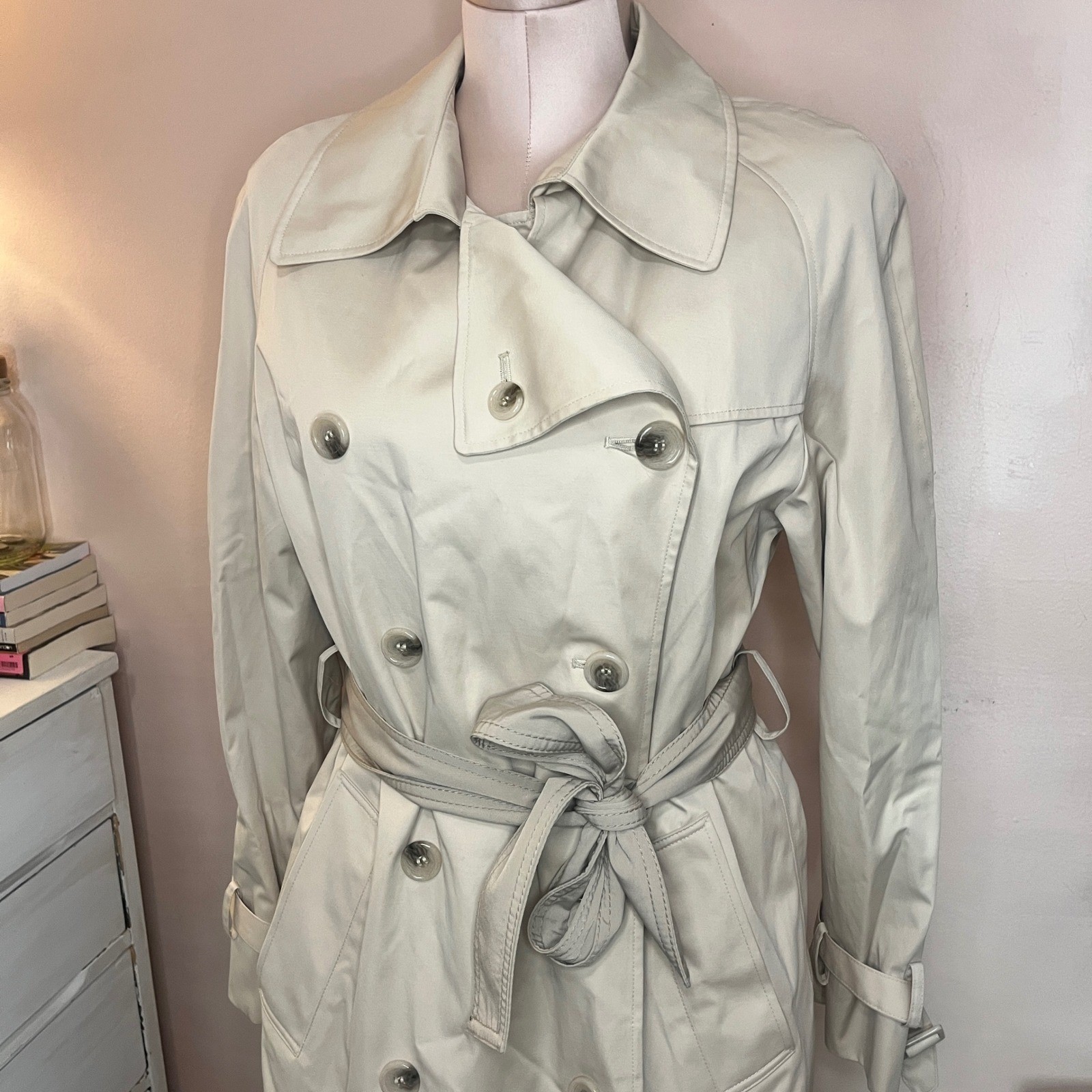 Worthington Womens Double Breasted Trench Rain Coat Beige Belted Lining Medium