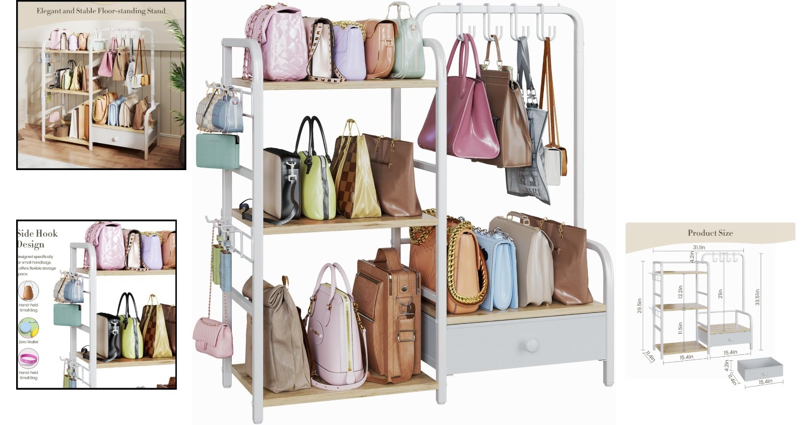 Extra Large Handbag Storage Rack with Hooks & Drawer – Floor-Standing Organizer