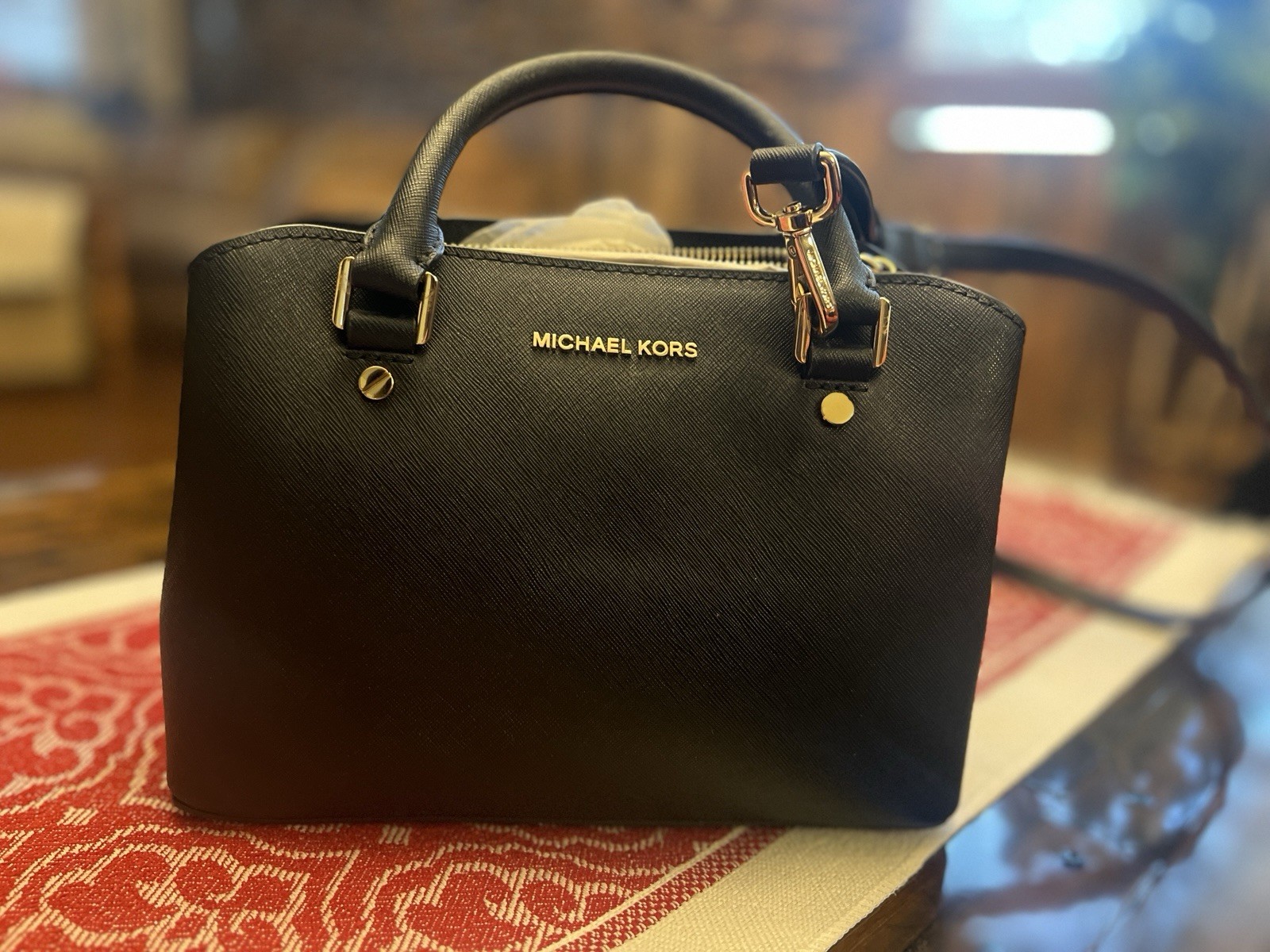 NEW Michael Kors Small Savannah Black gold Saffiano Leather Satchel bag handbag