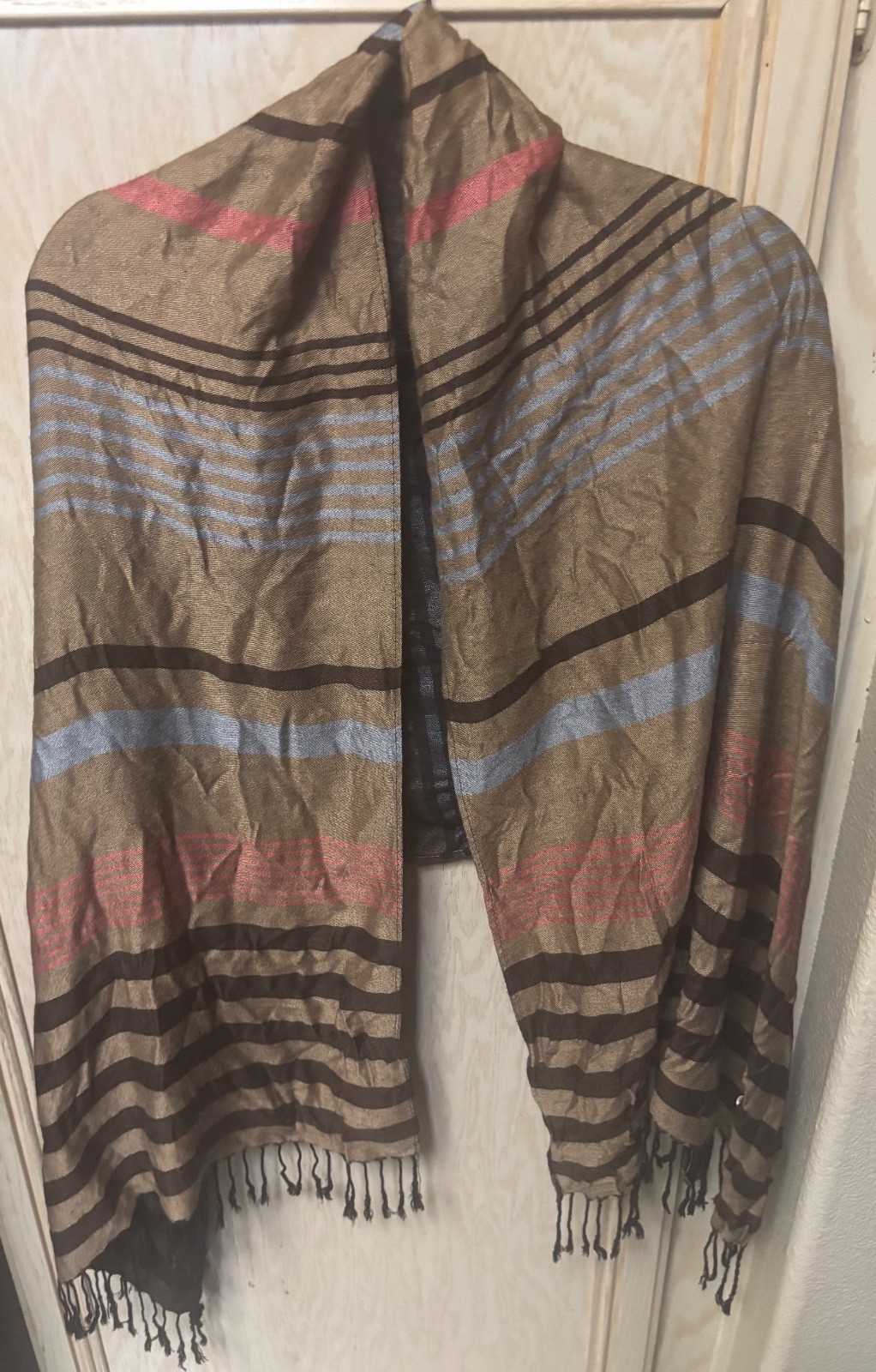 Women’s 100% Pashmina Shawl Wrap Scarf Brown Blue Pink Striped Tassel Sz 72×26”