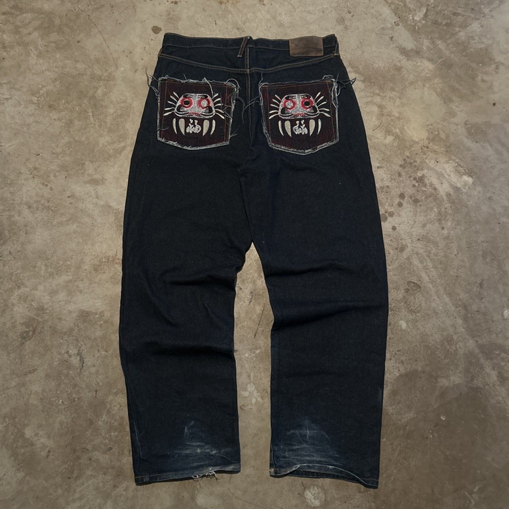 RMC Martin Ksohoh Embroidered Red Monkey Raw Denim Jeans Size 38×33 Dark Wash