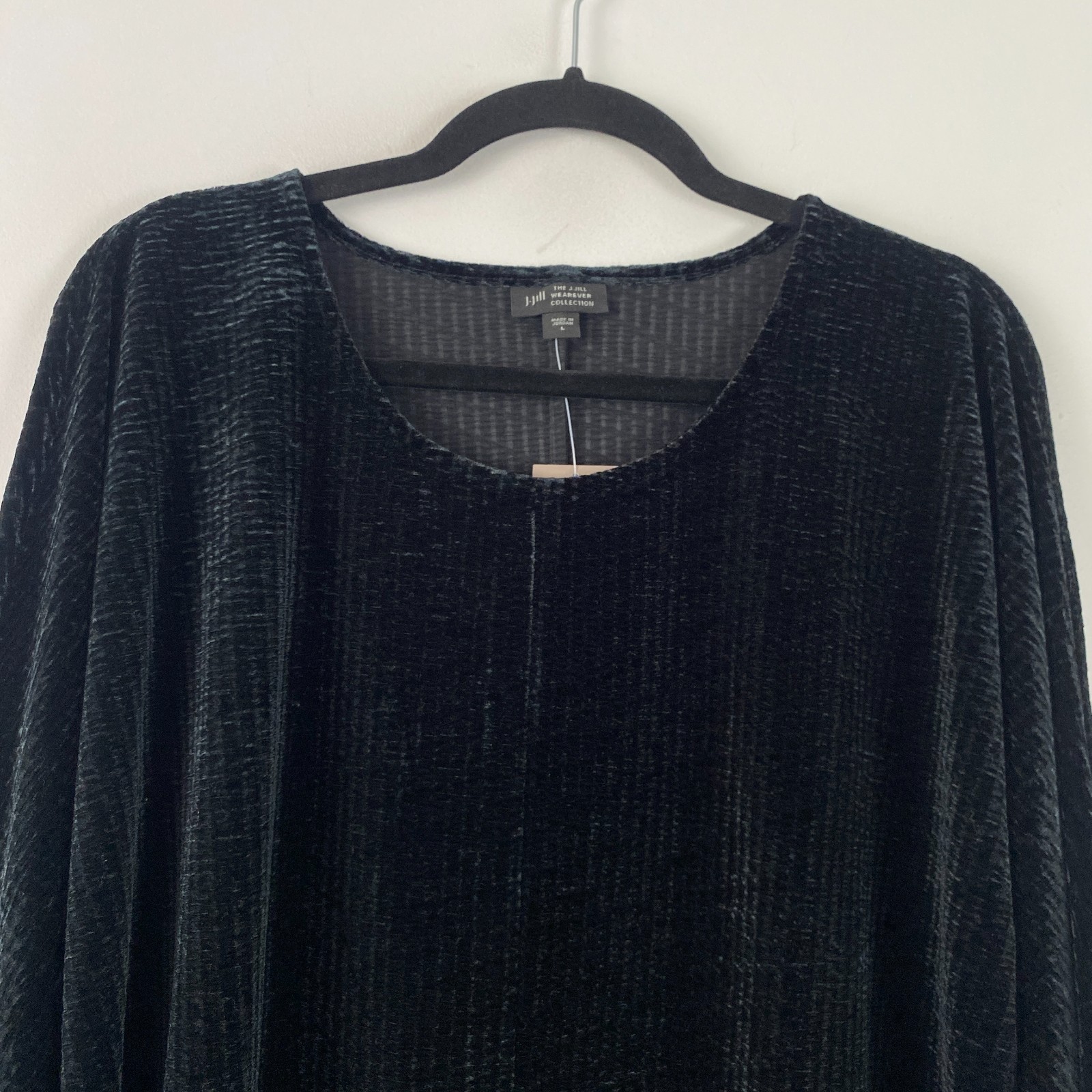 J Jill Wearever Crushed Velvet Wedge Top Size Large Black 3/4 Dolman Sleeves