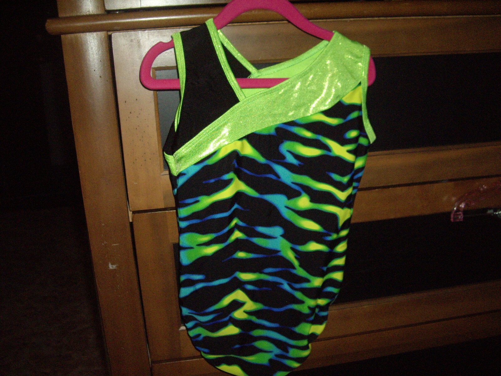 EUC Girls Size 8-10 Tumble Wear Leotard Black Yellow Green Blue Wavy Stripes