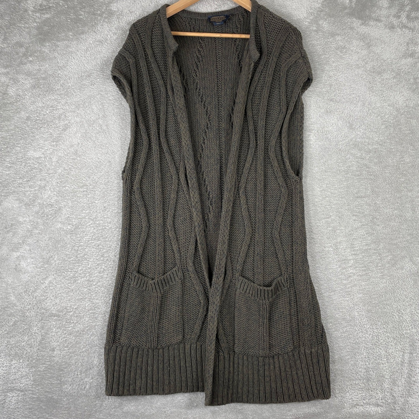 Pendleton Longline Cable Knit Vest Womens Small Brown Cotton Cashmere Open Front