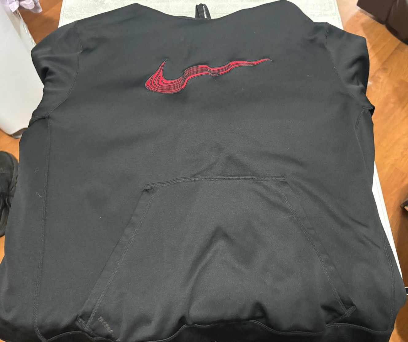 Nike Hoodie Mens 2XL Black Red Spell Out Pullover Sweatshirt Kangaroo Pocket