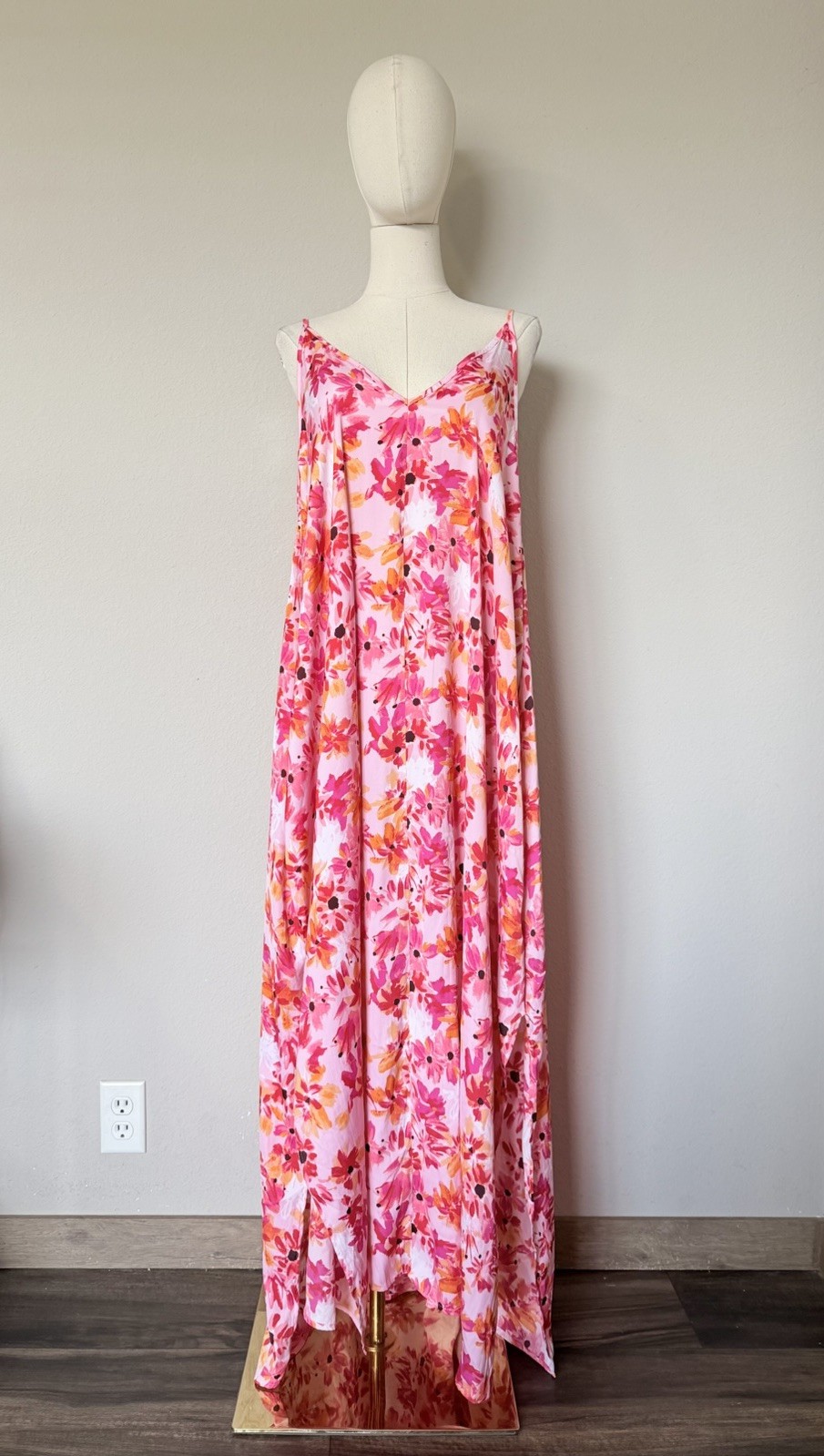 Van Winkle Pink Orange Tropical Maxi Dress Beach Coastal Boho Pockets Womens 1X