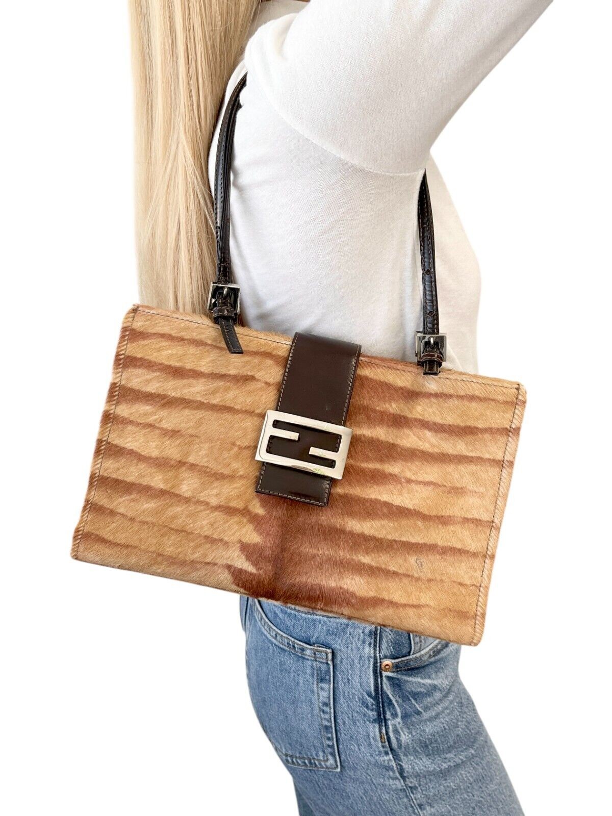 FENDI Vintage FF Logo Shoulder Bag Tote Bag Brown Silver Calf Hair Leather