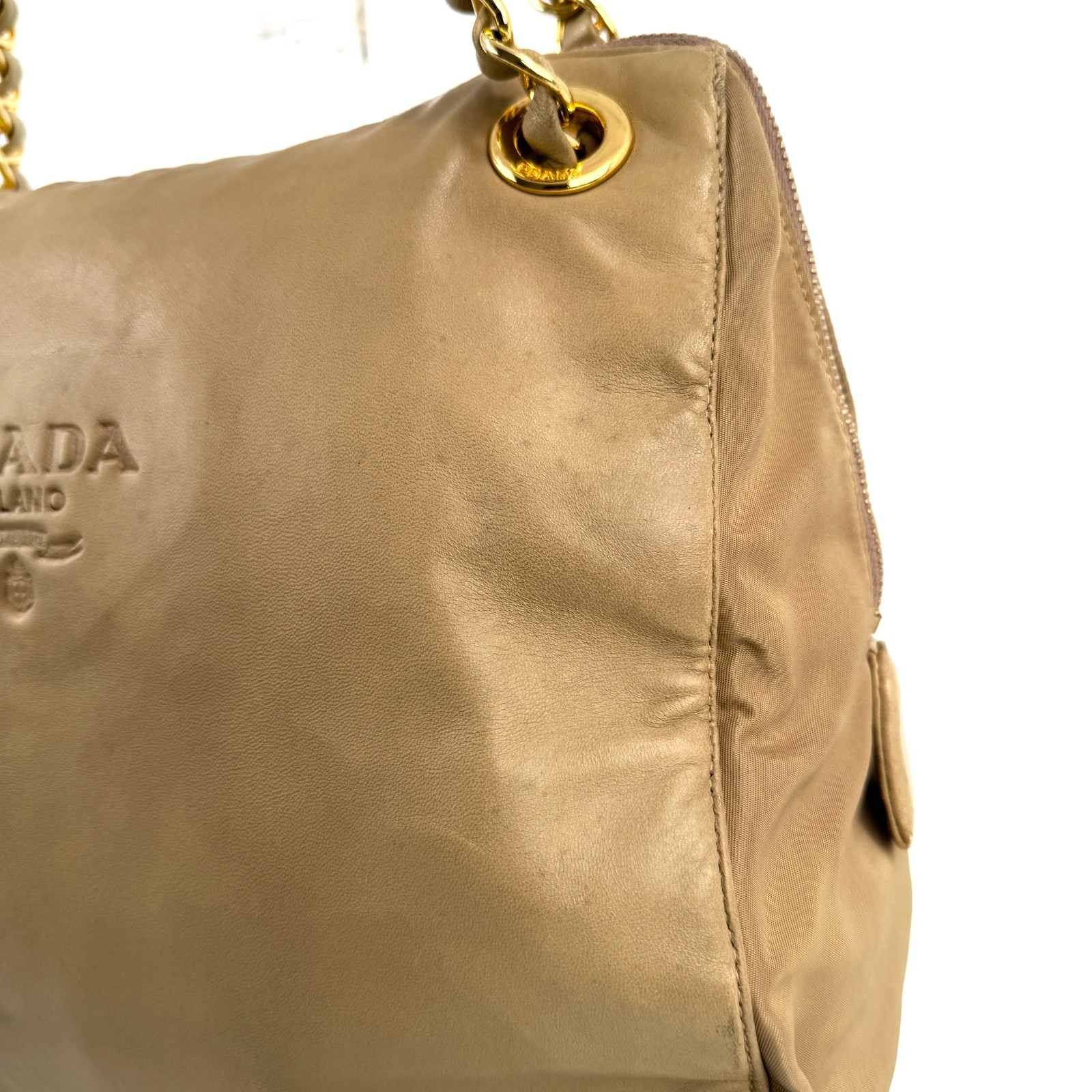 PRADA Double Chain Leather Shoulder Bag Embossed Authentic Beige From Japan