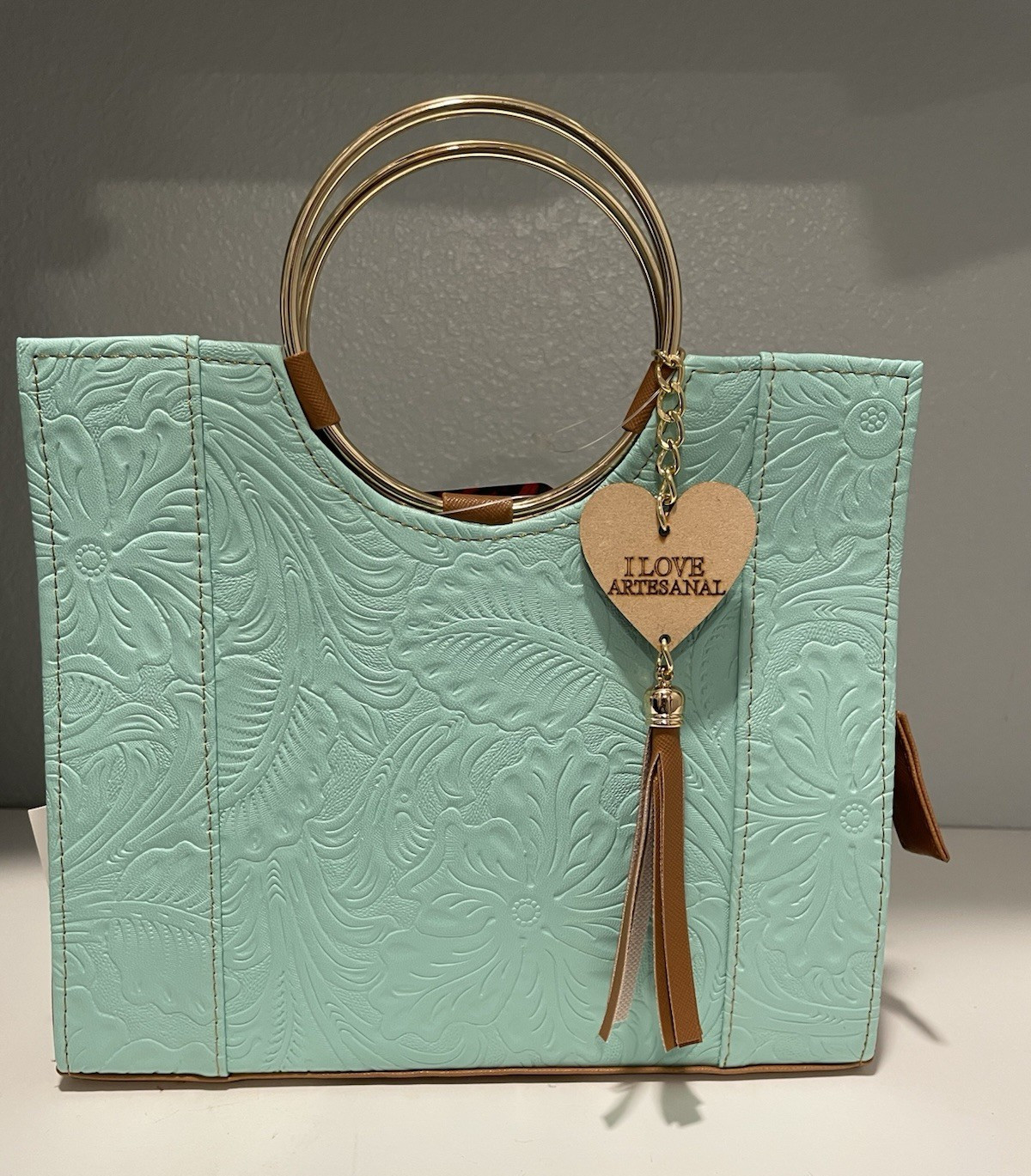 Artesanal Green Embossed Floral Top Handle Satchel Purse Gold Ring Heart Charm