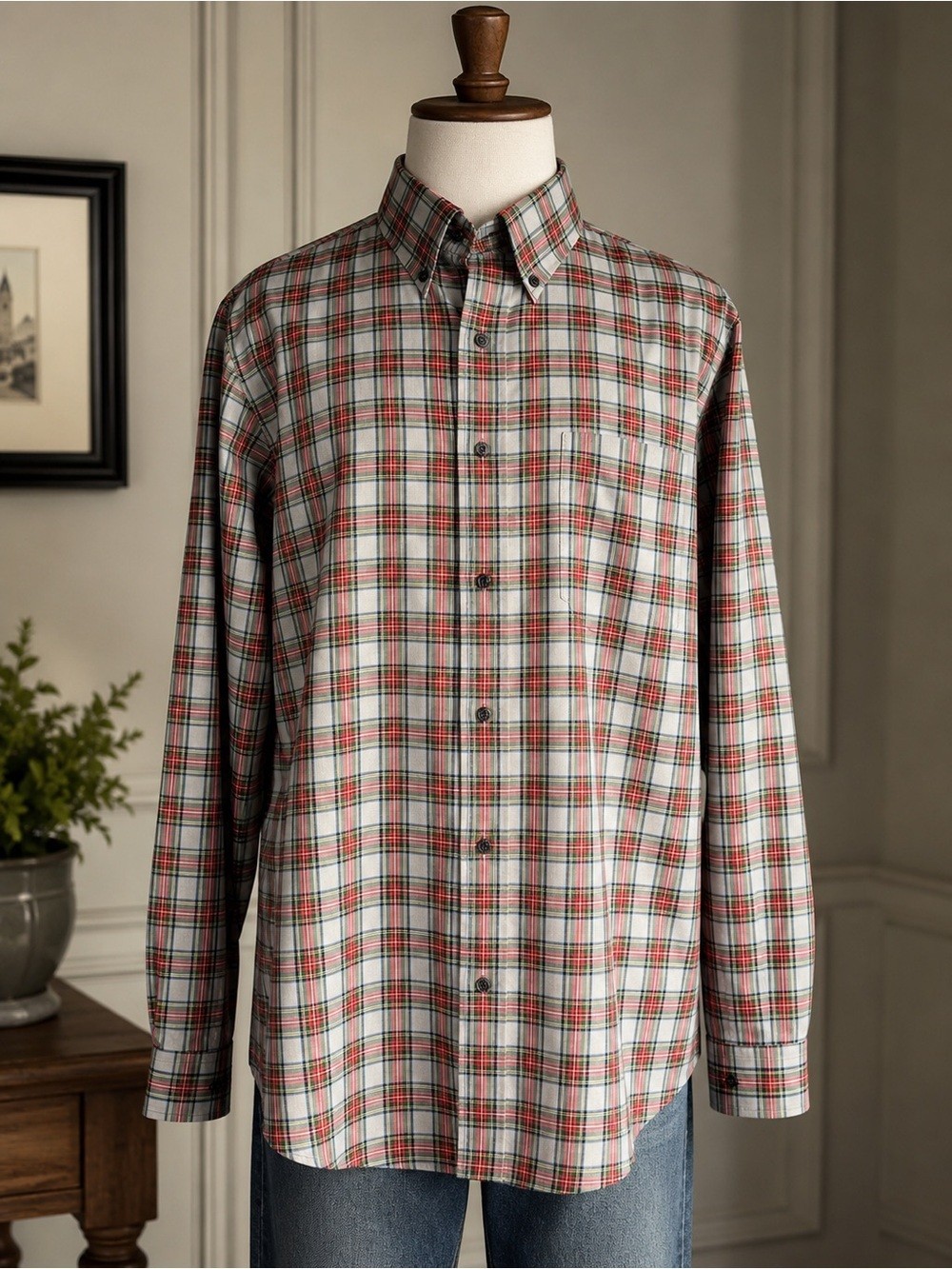 2 L.L. Bean Men’s Cotton Plaid Button-Down Shirt in Cream&Red- Navy&Green L