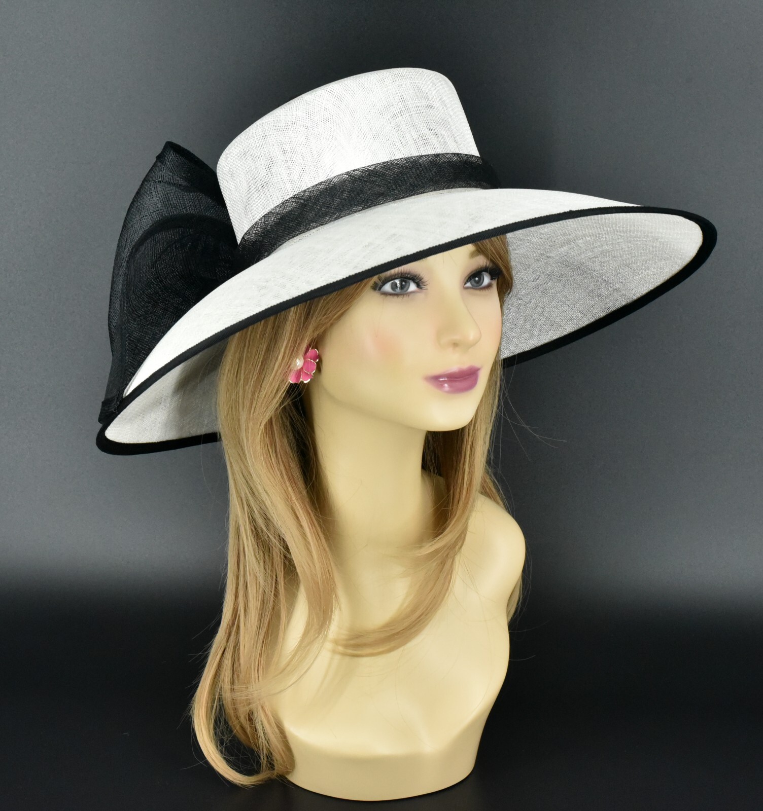 M95( White/Black)Kentucky Derby Church Wedding Royal Ascot Wide Brim Sinamay hat
