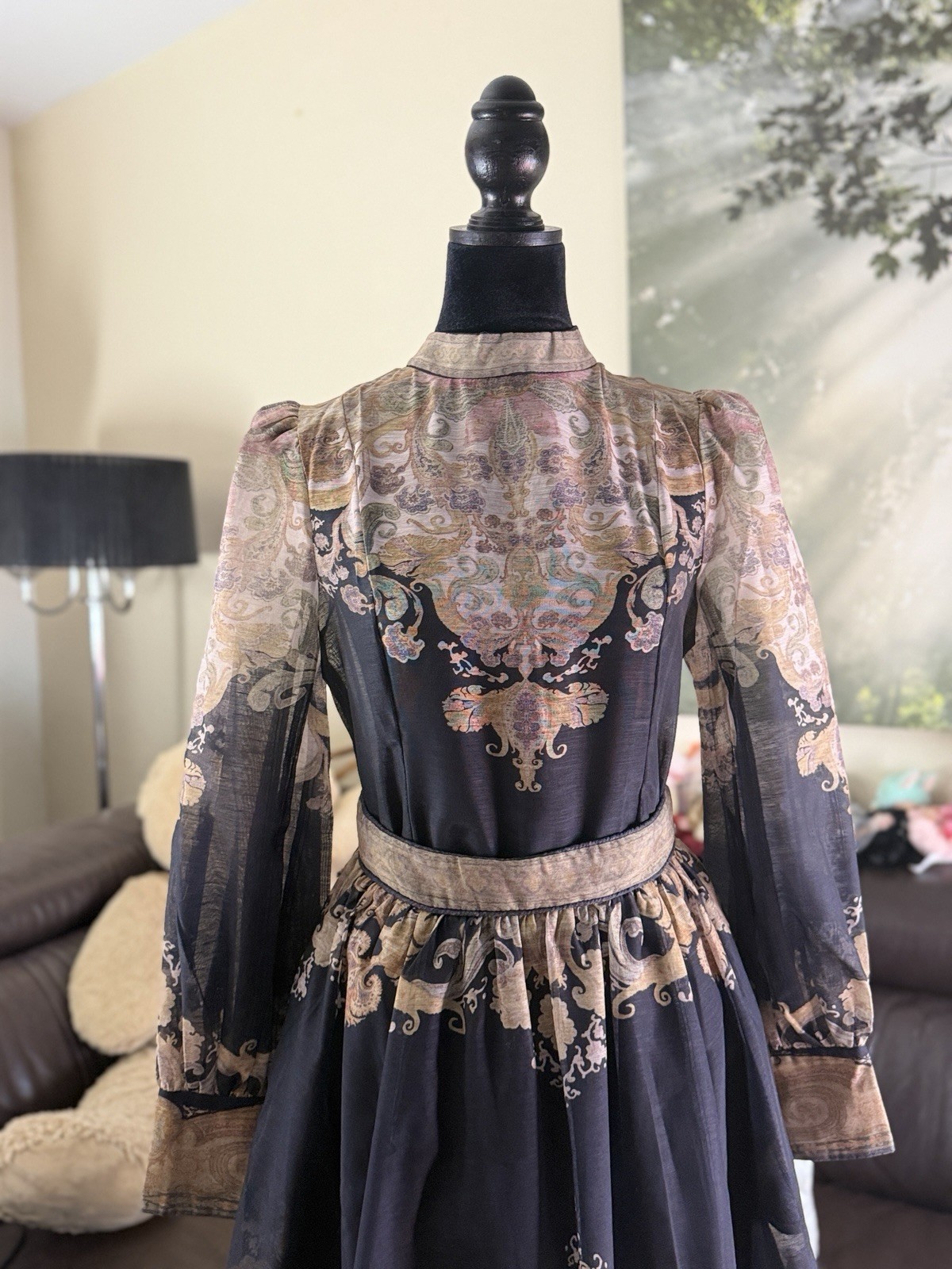 Women’s 2 piece set Black Beige Paisley Chiffon Maxi Dress High Neck Puff Sleeve