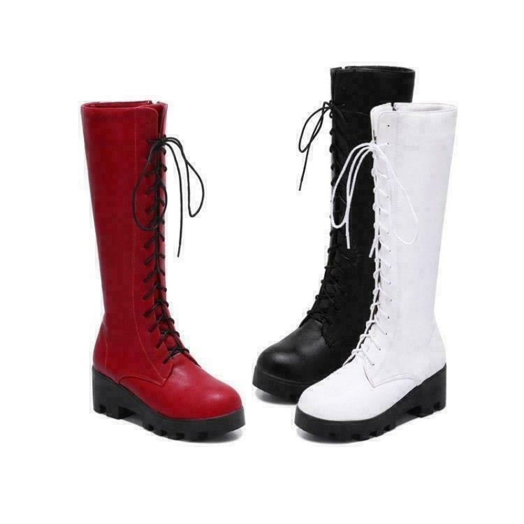Womens Gothic Round Toe Combat Knee High Boots Retro PU Leather Lace Up Shoes