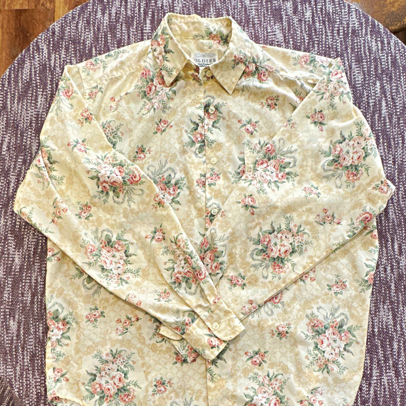 OLDIES Men’s Floral Beige/Pink/Green Long Sleeve Button-Up Shirt w/ Pockets, M