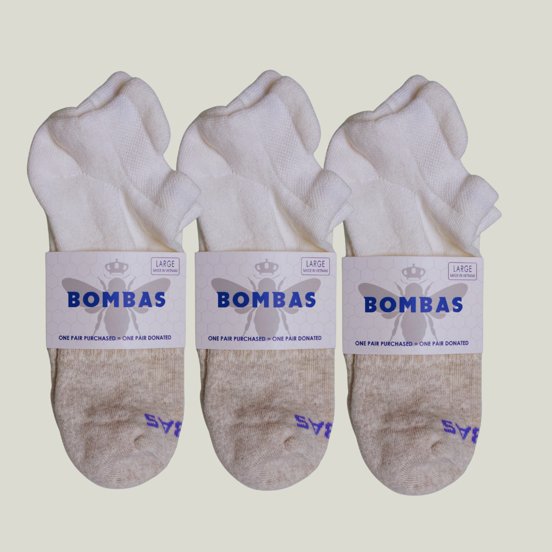 Bombas Women’s Ankle Socks Size S 3 Pairs White/Beige Cushioned Comfort Fit