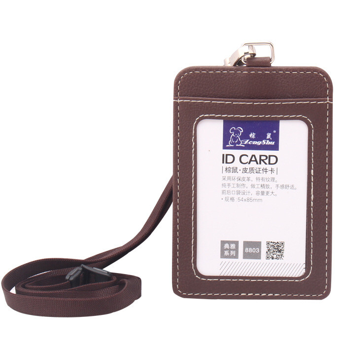 ID Badge Card Holder Pu Leather Vertical Clip Neck Strap Lanyard Necklace Case