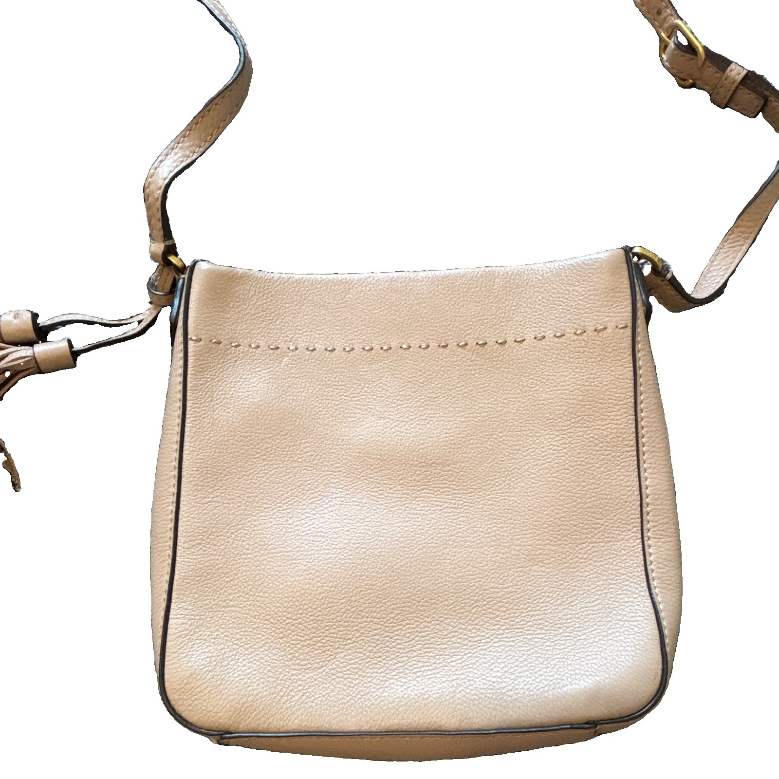 Tory Burch Beige Pebbled Crossbody Bag Gold Hardware Tassel Logo Zip Card