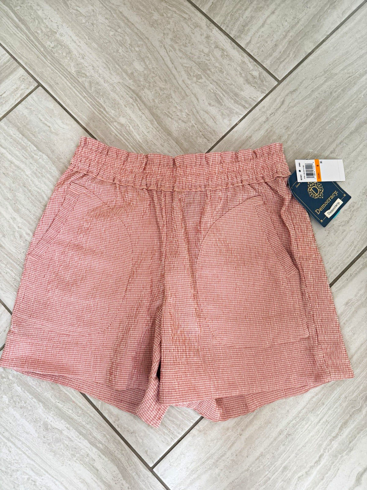 Democracy Gingham Seersucker Pull-On Shorts Elastic Waist Pockets S Pink/White