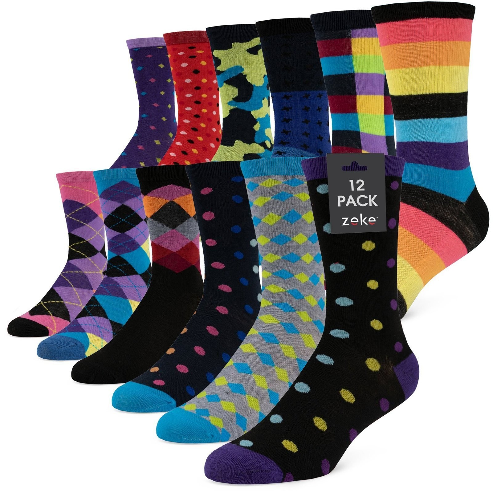 ZEKE Men’s Dress Socks Funky Fun Colorful Crew Socks 12 Assorted Patterns