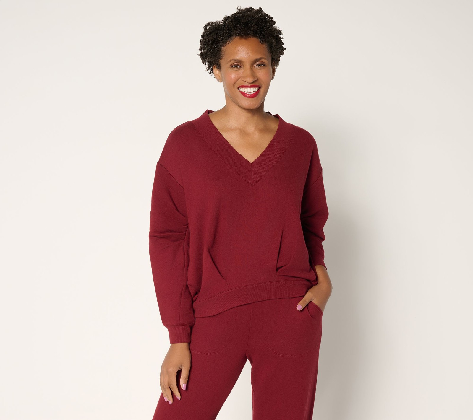 Carla Rockmore Collection Asymmetric French Terry Sweatshirt Black Cherry L New